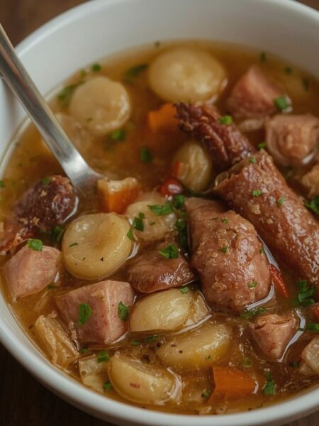 Polnische Soldaten-Erbsensuppe mit geräucherter Kiełbasa, Schweinerippchen und Speck