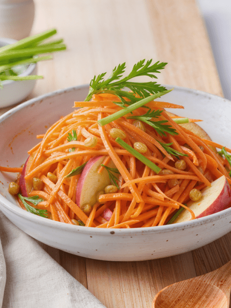 Frischer Apfel-Möhrensalat mit geraspelten Möhren, Äpfeln und Sultaninen