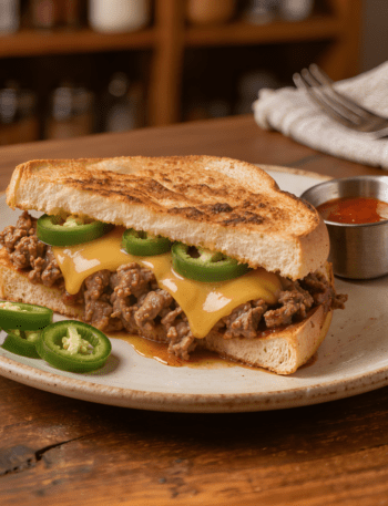 Aufgeschnittenes Jalapeño-Hack Grilled Cheese Sandwich mit Rinderhackfleisch und geschmolzenem Cheddar