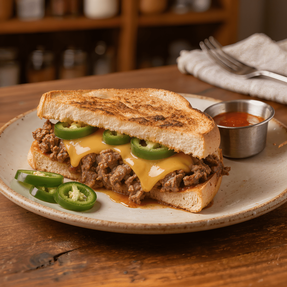Aufgeschnittenes Jalapeño-Hack Grilled Cheese Sandwich mit Rinderhackfleisch und geschmolzenem Cheddar
