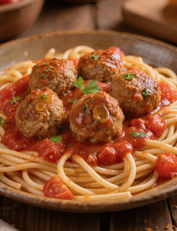 Hackbällchen in Tomaten-Wein-Sauce mit Spaghetti und frischem Thymia