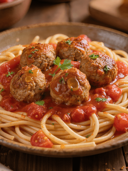 Hackbällchen in Tomaten-Wein-Sauce mit Spaghetti und frischem Thymia