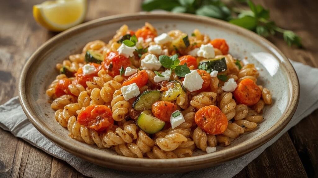 Griechische Kritharaki mit Zucchini, Paprika und Feta