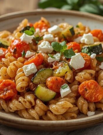 Griechische Kritharaki mit Zucchini, Paprika und Feta