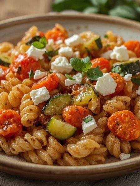 Griechische Kritharaki mit Zucchini, Paprika und Feta