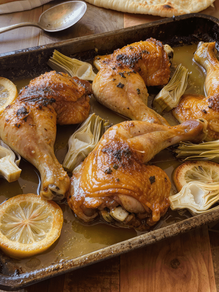 Saftige Hähnchenschenkel mit Zitrone und Artischocken
